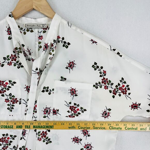 ABERCROMBIE & FITCH Top XS Floral Poplin Tie Neck Blouse Roll Tab Sleeve White - Picture 14 of 16